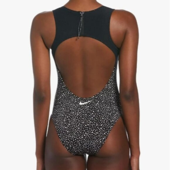 Nike Spotted One Piece Swimsuit Sporty Athletic Mesh Open Back Keyhole Black - Picture 2 of 14